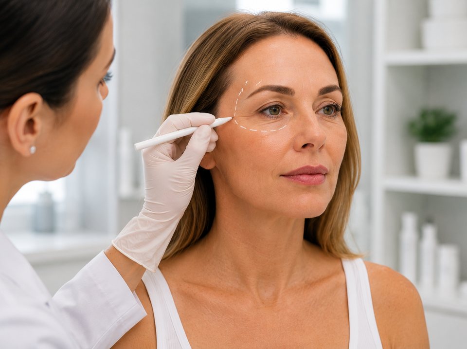 A clinician assessing a patient&rsquo;s facial lines during a consultation