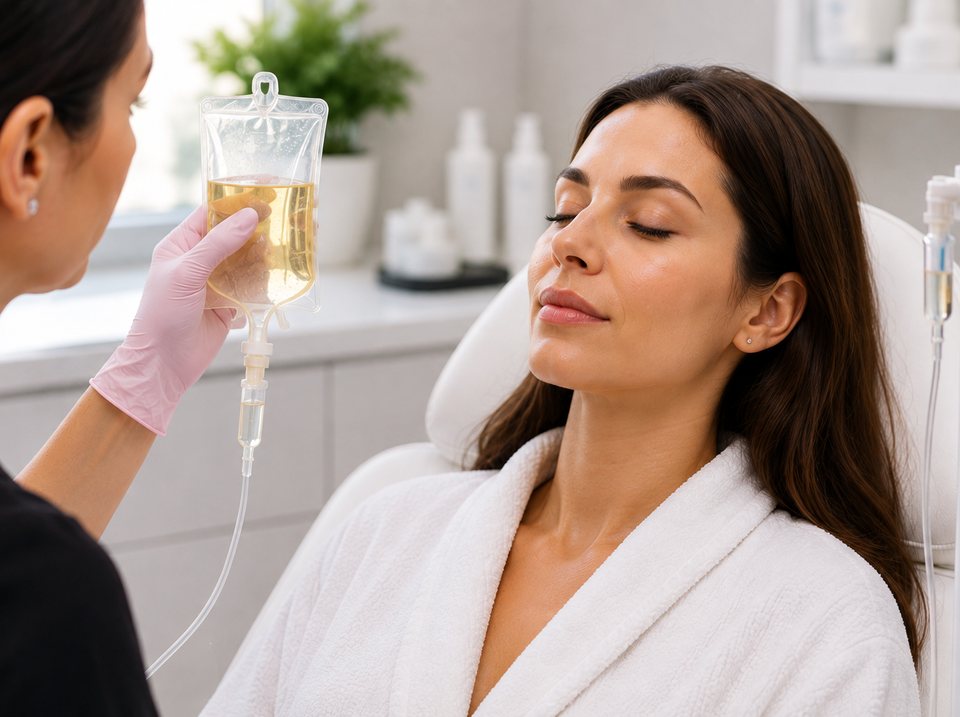 A clinician preparing nutrient support for a patient resting in a clinic chair